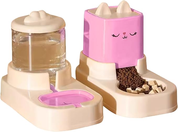 2 Pack Automatic Pet Feeder and Water Dispenser Set, Pet Food Bowl Gravity Dog Feeder and Dog Water Dispenser for Dogs Cats Pets Animals Large Capacity (Pink)