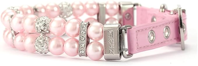 Pink Dog Collars with Pearls, Beaded Cat Collar Pu Leather Puppy Necklace with Crystal Rhinestone Diamond for Girl Kitten XXSmall Small Medium Female Dogs Jewelry Wedding & Birthday Party, M