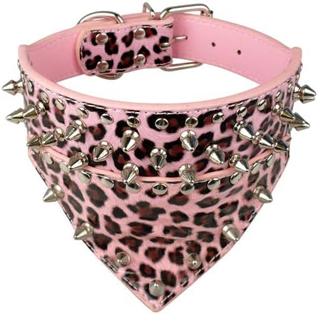 Spiked Studded Dog Collar PU Leather Pet Collar with Bandana Neck Size for 15-24 for S/M/L Breeds Pinkleopard XL