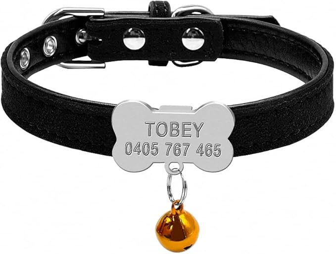 Personalized Chihuahua Collar for Small Dog Adjustable Padded Pet Collars with Bell for Small Medium Cat Dogs Black Bone XS