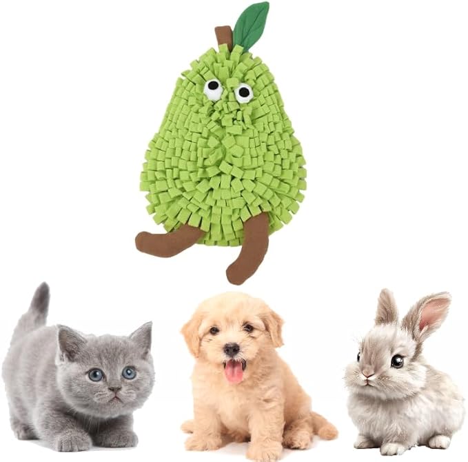 Fruit Shaped Snuffle Mat for Dogs and Cats, Interactive Slow Feeding Toy with Crinkle Paper BB Squeaker and Bell, Peach Watermelon Lemon Pear Design, Soft Fleece with Non-Slip Bottom (pear)