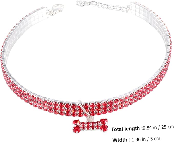 Rhinestone Pet Dog Collar Adjustable Crystal Dog Collar with Mini Bone Pendant Red M Size for Puppy