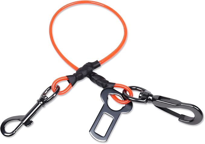 VIVAGLORY Dog Seat Belt Tuffbelt Dog Car Harness, Seatbelt with Clip & Hook for Car Travel, Chew Proof Anti Chew Unchewable Metal Safety Tether Restraint, XS, Orange