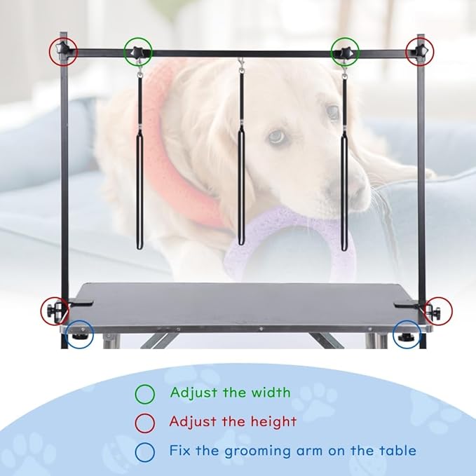 KELIXU Dog Grooming Arm with Clamps - H Shape, Pet Grooming Table Arm with 3 Loop Noose, Pet Grooming Supplies for Large/Medium/Small Pets, 32" Height Adjustable and 34" - 50" Width Adjustable, Black
