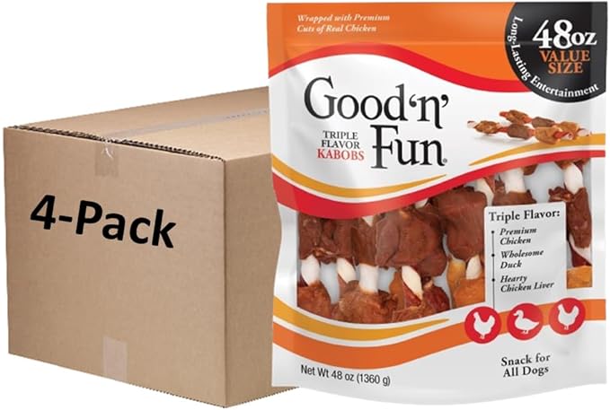 Good ’n’ Fun Triple Flavor Kabobs 48 Ounce, Rawhide Snack for All Dogs, 48 Oz (Pack of 4)
