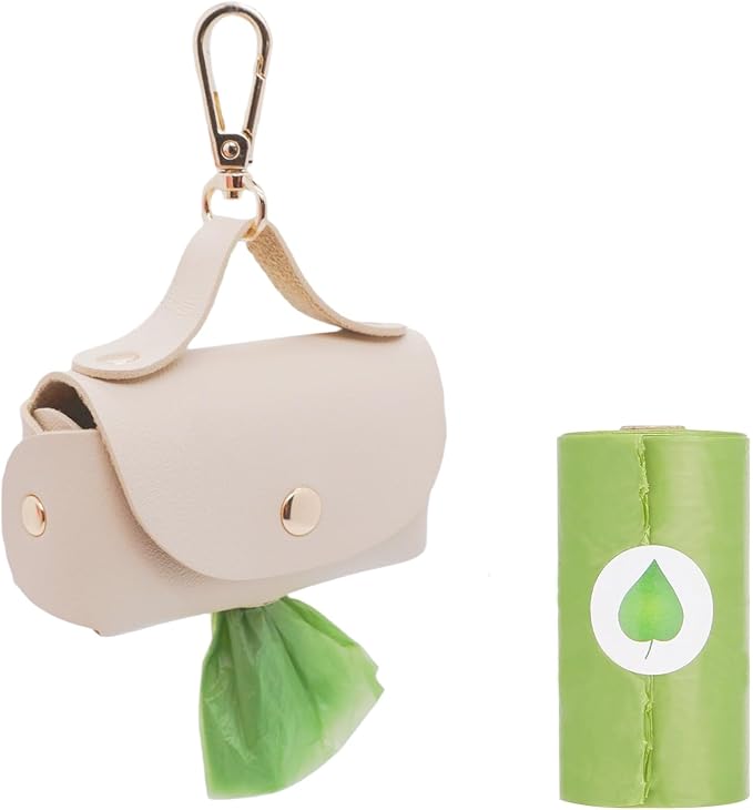Leather Poop Bag Holder Dispenser for Leash, Portable and Reusable Dog Poop Bag Dispenser, Dog Bag Holder for Walking, Outdoor, Travelling (Beige)