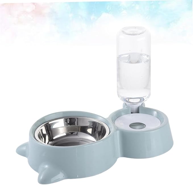 Pet Dual Water and Food Feeder Bowl for Cats and Dogs Blue Convenient Automatic Drinking and Feeding Non-Skid Design Smooth Surface for Home Decor