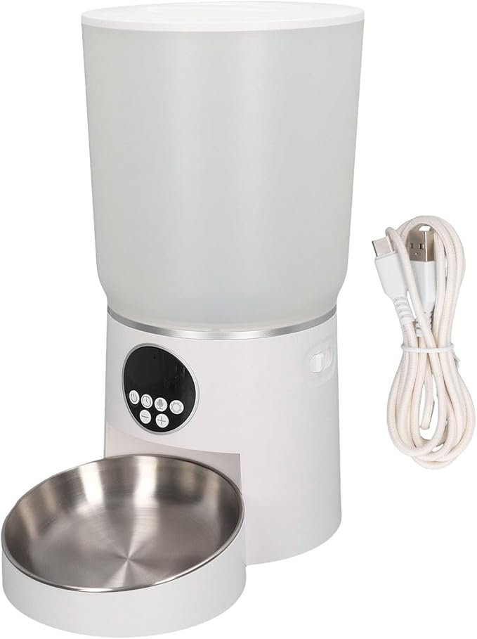 Automatic Pet Feeders, 5L Dual Power Support Smart Timing ABS Cat Dog Food Dispenser with Stainless Steel Bowl (Button