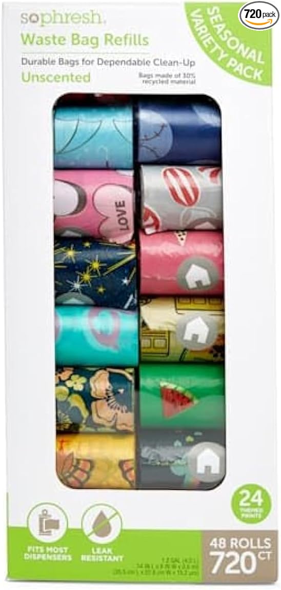 So Phresh Dog Waste Bag Refill Rolls Seasonal Bulk Variety Pack. Count of 720