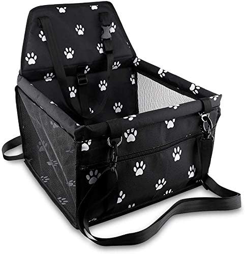Pet Car Booster Seat for Dog Cat Portable and Breathable Bag with Seat Belt Dog Carrier Safety Stable for Travel Look Out,with Clip On Leash and Storage Pockage (Black)