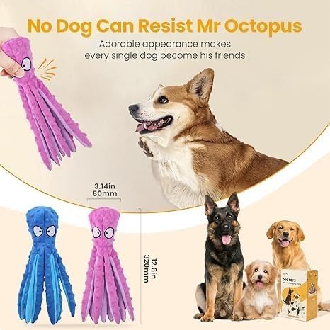 Bark & Brush Octopus Dog Toy 2-Pack – No Stuffing Squeaky & Crinkle Plush Dog Toys for Puppies & Dogs, Enrichment Chew Toy for Teething, Tug of War & Fetch