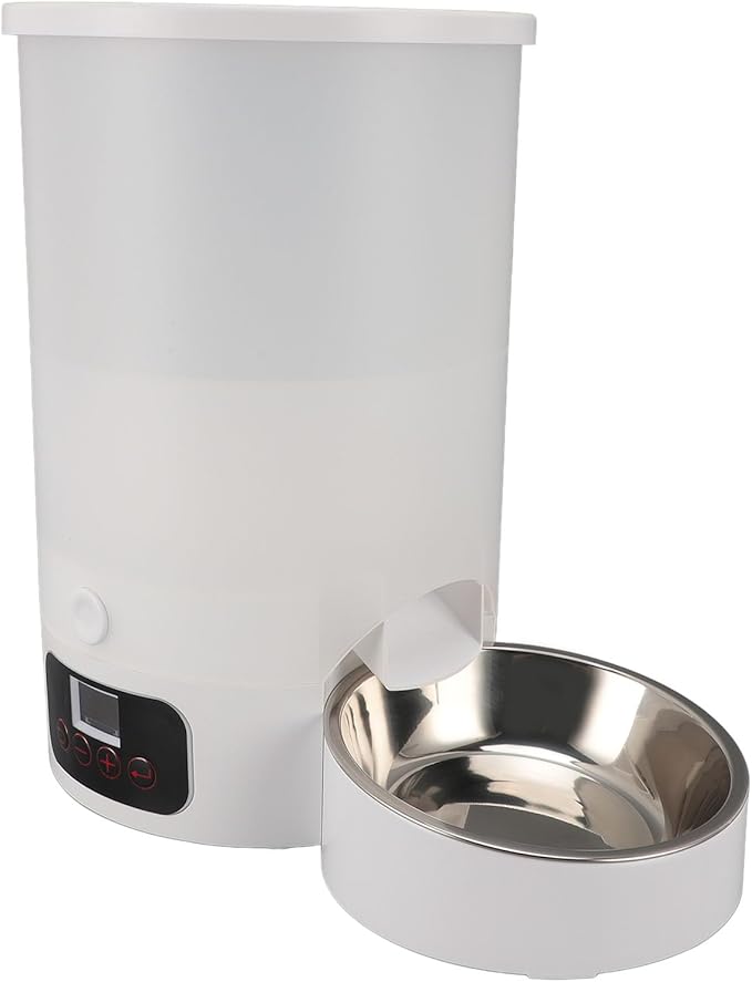 Dog Cat Automatic Feeder Visible Bucket Automatic Pet Feeder Stainless Steel Key Control for Home (White Single Bowl)