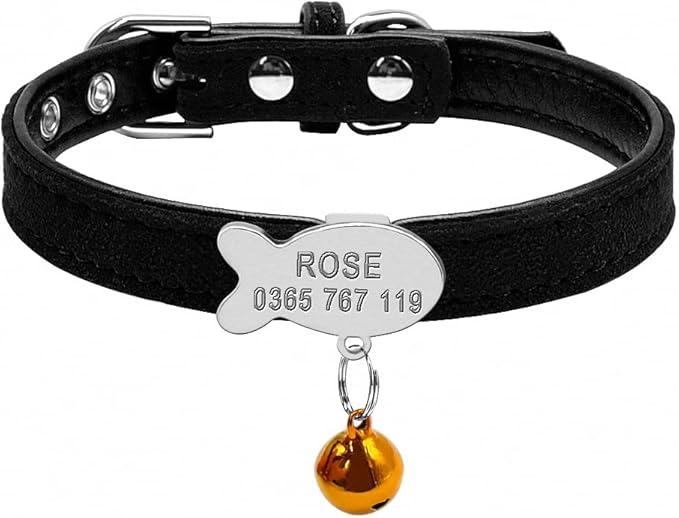 Personalized Chihuahua Collar for Small Dog Adjustable Padded Pet Collars with Bell for Small Medium Cat Dogs Black Fish S