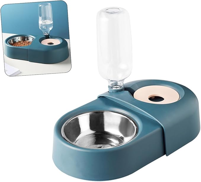 GANAZONO Automatic Dog Feeder and Water Bowl with Spill-Proof Design, Blue Pet Food Bowl for Cats and Dogs, Combined Feeding Basin Suitable for Indoor Use