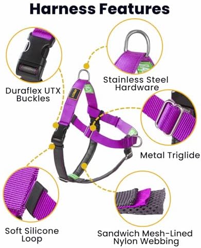 Easy Walk No Pull Dog Harness, Freedom Walk with Front and Back Clips Stainless D-Rings, Comfortable, Sewn-in Instructions Tags for Easy Use, for Medium Dogs Weight 32-40lbs (Purple, M)