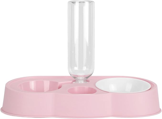 Pet Water and Food Bowl Set, Stable Prevent Slip Double Pet Bowls with Automatic Water Dispenser Bottle, Double Dog Cat Bowls Pet Feeding Bowls for Cats Small Dogs(Pink)