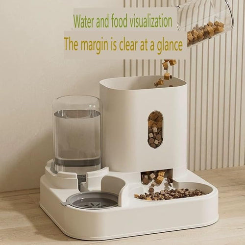 2-in-1 Automatic Feeder Dog Cat Food Bowl with Water Fountain Large Capacity Pet Food Storage Dispenser Container Puppy Pet Accessories (Peach Powder)
