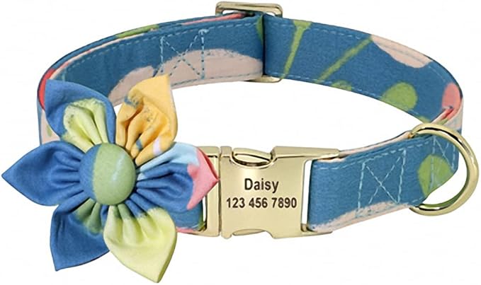 Custom Flower Dog Collar Nylon Floral Printed Pet Dog Collars Personalized Puppy Collar for Small Medium Large Dogs Cat Pitbull 168 Blue M
