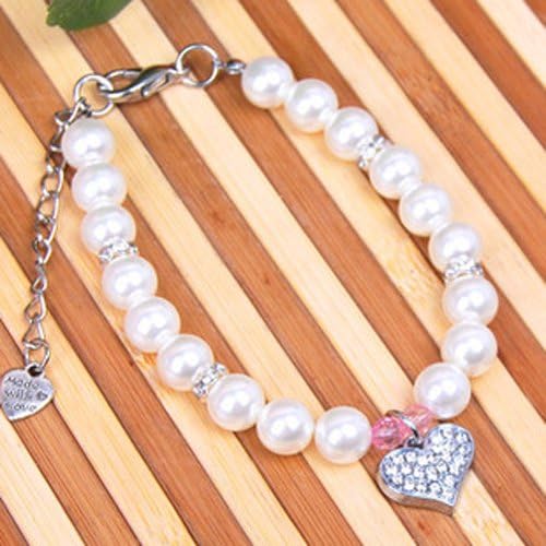 Fancy Pinky Crystal Heart Pet Cat Dog Necklace Jewelry with Bling Pearls Rhinestones Charm for Pets Cats Small Dogs Girl Teacup Chihuahua Yorkie Clothes Costume Outfits (12-Inch)