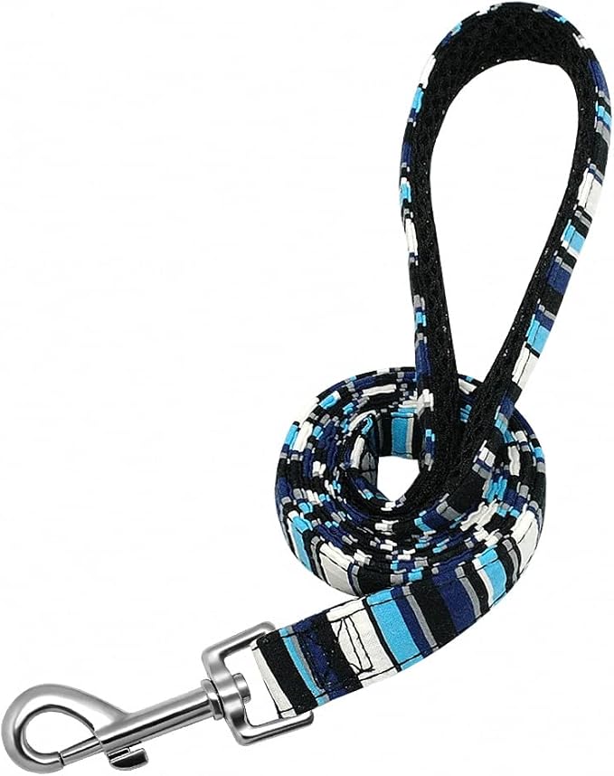 Personalized Dog Collar Leash Nylon Print Small Dog Collars and Lead for Small Medium Large Pet Pitbull German Shepherd Puppy Blue Strip L M