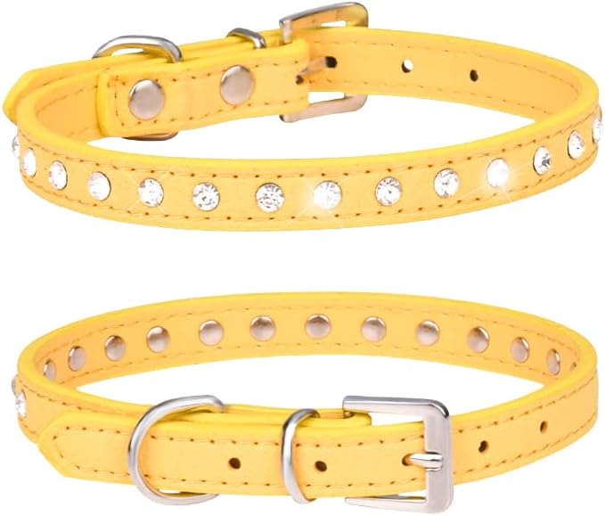 Serijoars Puppy Dog Collar with Crystal Diamond Colorful Bling Girl Puppy Small Dog Cat Collars (Yellow, XXS)