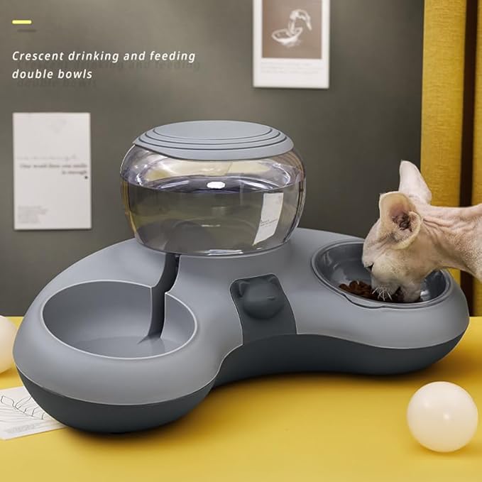 Pet Food and Water Bowl Set, Large Capacity Crescent Type Tilt Design Automatic Double Pet Bowls with Skid Resistance Bottom, Pet Feeder Automatic Gravity Water Dispenser for
