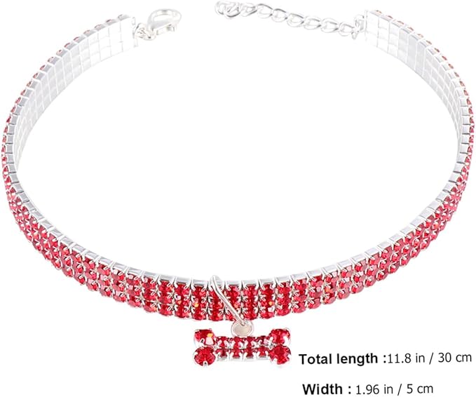 Adjustable Rhinestone Pet Dog Collar Shining Bone Pendant Luxury Necklace Red Comfortable Fit for Walking Outdoor Sports