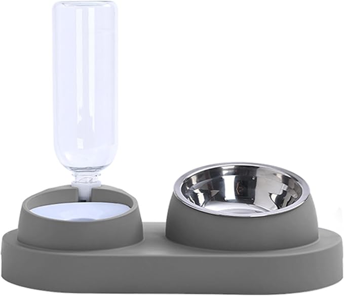 Plastic Bottle Pet Feeder Self-refilling Pet Bowl Pet Feeder 2-in-1 Automatic Water Dispenser with Removable Stainless Steel Bowls Pet Supplies Grey