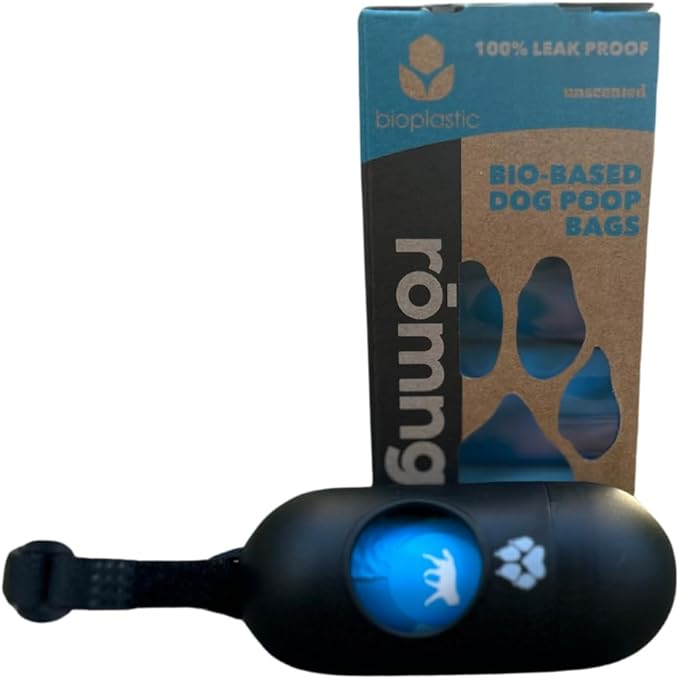 Bio-Based Dog Poop Bags with Dispenser, Unscented, Leak-Proof, Cornstarch Blend, 9 Rolls, 135 Bags, Blue