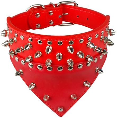Spiked Studded Dog Collar PU Leather Pet Collar with Bandana Neck Size for 15-24 for S/M/L Breeds Red M