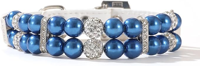 Blue Dog Collars with Pearls, Beaded Cat Collar Pu Leather Puppy Necklace with Crystal Rhinestone Diamond for Girl Kitten XXSmall Small Medium Female Dogs Jewelry Wedding & Birthday Party, M