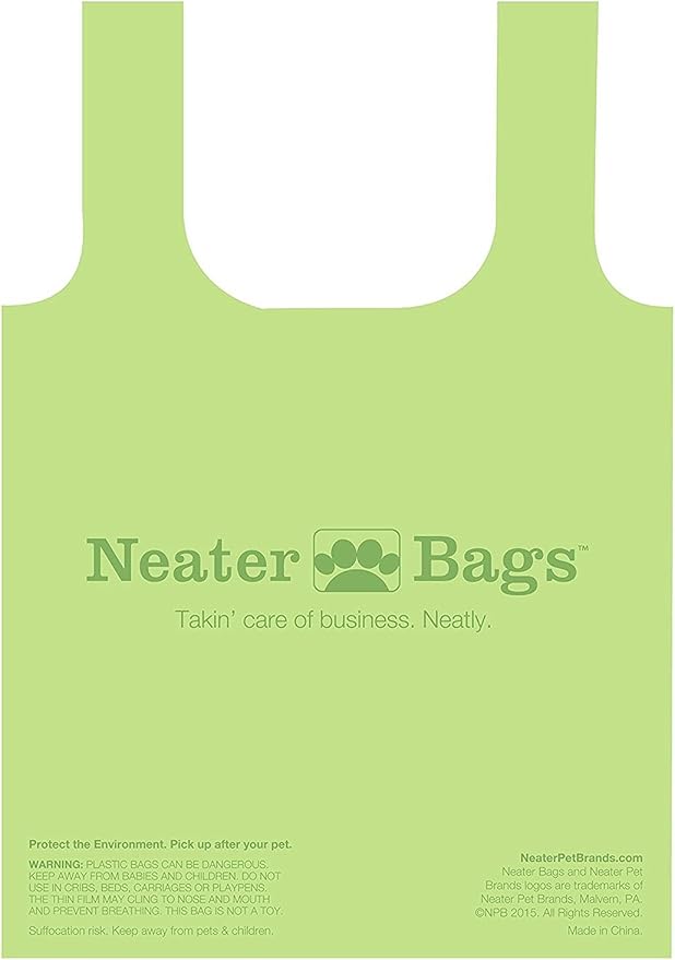 Neater Pet Brands Neater Bags Dog Waste Bag, No Rolls - Dog Poop Bags Dispense One at a Time, Doggie Poop Bag with Easy-Tie Handles, Dispenser Attaches to Any Leash (210 Count, Blue Bone & Paw Print)