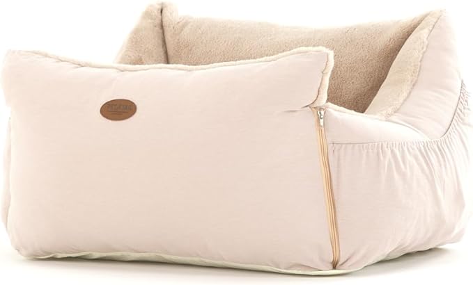Dog Car Seat for Small Medium Large Dogs, Eco-Friendly Microfiber Velboa, Dog Booster for Under 45Lbs, Detachable and Washable Travel Seat with Thick Cushion (Pink Beige, L)