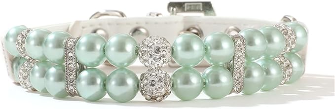 Green Pearl Dog Collars for Small Dogs, Beaded Cat Collar Leather Puppy Necklace with Crystal Rhinestone Diamond for Girl Kitten XXSmall Small Medium Dogs Jewelry Wedding & Birthday, XXS