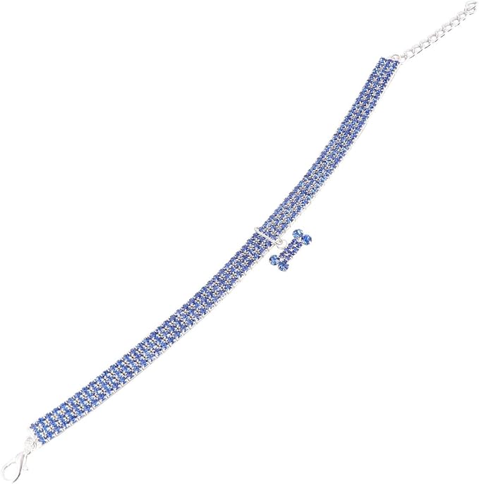 GLEAVI Rhinestone Pet Dog Collar with Adjustable Buckle, Crystal Blue Small Size Collar for Dogs, Luxury Shining Bone Pendant Necklace for Pet Supplies