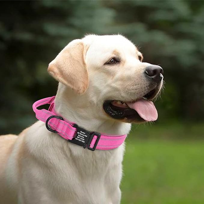 Military Tactical Pet Dog Collar Personalized Custom Nylon Reflective Small Medium Large Dog Collars Engraved ID Name Adjustable Pink M