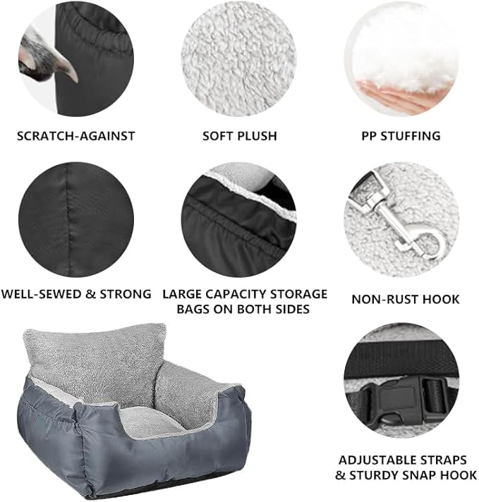Dog Car Seat for Small Dogs, Fully Detachable and Washable Cat Carseats Under 25 lbs, Soft Pet Booster Seats with Storage Pockets and Clip-On Leash Portable Car Travel Carrier Bed (Grey, Large)