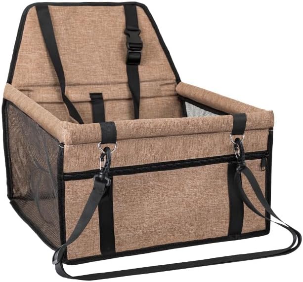 Dog Car Seat for Small Size Dog, Portable Cat Car Seat with Removable Safety Leash and PVC Support Pipe, Anti-Collapse Puppy Pet Car Seat Easy Assemble (Milky Coffee)