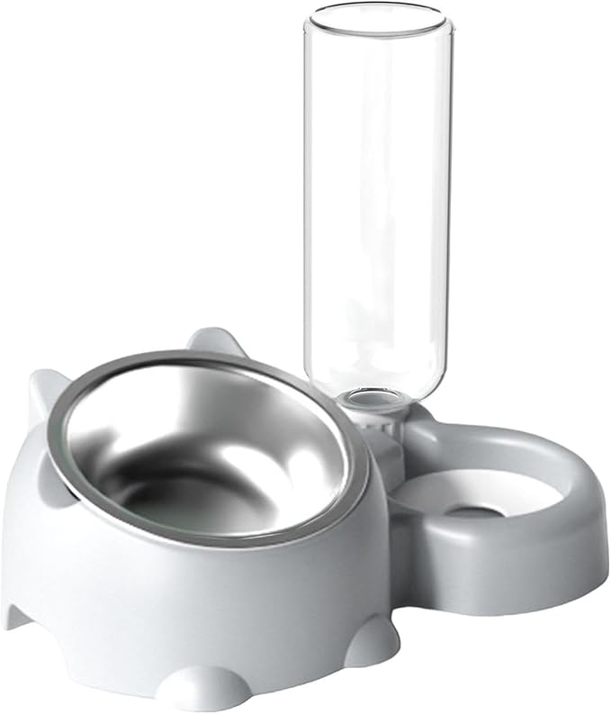 Cat Food and Water Bowl Set, Automatic Dog Dish Bowl with Water Dispenser, Removable Drinking and Eating Bowls, No-Spill Pet Feeder for Puppy, Medium Dogs & Cats (Grey)