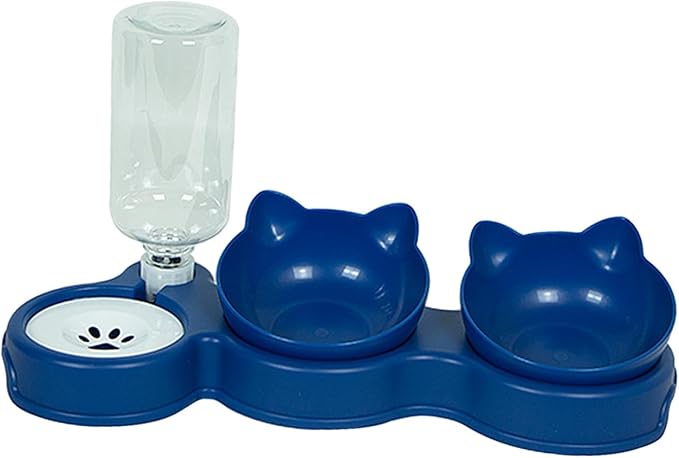 3 in 1 Dog Cat Bowls Water and Food Bowl Set Pet Feeder with Automatic Waterer Bottle Feeding Bowls for Puppy Small or Medium Size Dogs Cats, Dark Blue