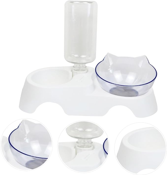 Pet Food Feeder Set Dual-Bowl Cat and Dog Food and Water Holder with Automatic Water Dispenser Tilted Design for Small to Medium Pets White
