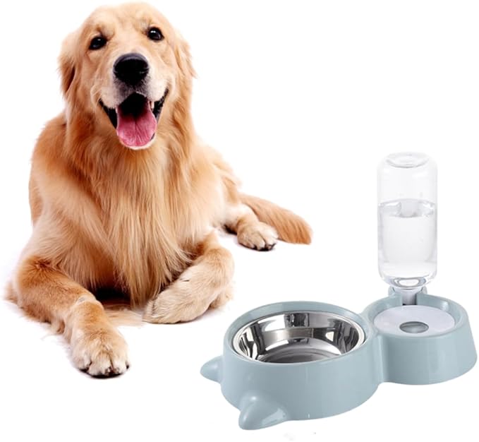 Pet Dual Water and Food Feeder Bowl for Cats and Dogs Blue Convenient Automatic Drinking and Feeding Non-Skid Design Smooth Surface for Home Decor