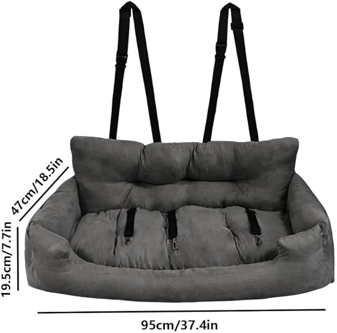 Dog Car Seat, Safe Cozy Travel Bed Carrier with Clip-On Leash, Storage Pockets, Water-Resistant & Machine Washable for Puppies(Dark Grey 3 Seat)