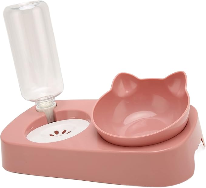Pet Water Food Bowls - PP Raised Detachable Automatic Water Feeder - Pets Water and Food Bowl Set, Strainer Design, Protection from Dust for Small Medium Cat Dog (Pink)