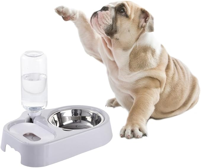 Pet Double Bowl for Cats and Dogs Automatic Water Feeder and Food Dish Grey Non-Skid Design Easy Feeding and Hydration