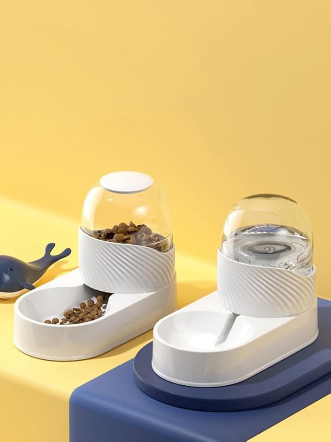 Automatic Dog Cat Feeder and Water Dispenser Set, Large Capacity 2L Gravity Pet Food Feeder Dog Water Bowl Dispenser, Easily Clean Self Feeding for Small Large Pets Dogs Cats (White)