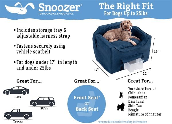 Snoozer Dog Car Seat with Storage Tray: Lookout II Dog Booster Car Seat for Pets up to 25lbs, Helps Alleviate Travel Sickness & Fear for Dogs, Removable Washable Cover – Merlin Linen, Size Medium
