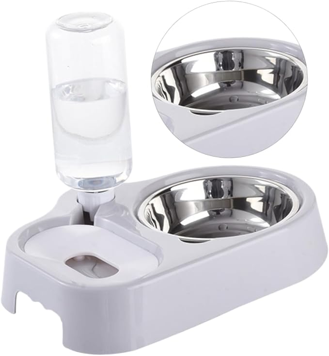 Pet Double Bowl Feeder Automatic Water Food Dish for Cats and Dogs Sturdy Design Grey Non-Skid Base for Feeding Hydration Convenient Pet Supplies