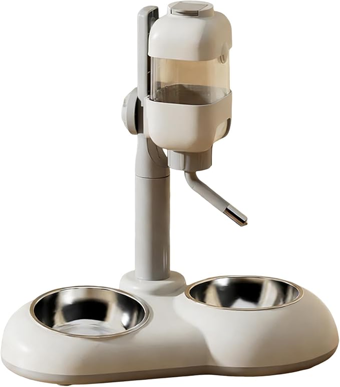 Pet Standing Water Dispenser Dog Bowl 2 in 1 Adjustable Height Pet Feeder Waterer with Two Steel Bowl for Ferrets Kittens Cat, Brown