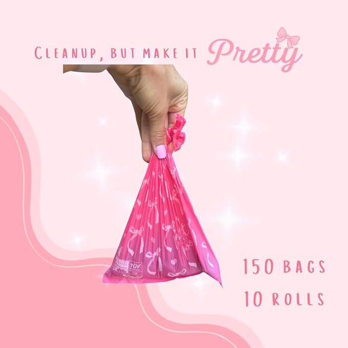 Pretty Dog Poop Bags - 150 Count, Certified Home Compostable, Leakproof, Extra Thick, Tear Resistant, Pink, Vanilla Scented, Cherry Burst
